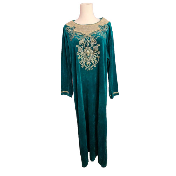 Turkish 100% Cotton VELVET Robe Dress KAFTAN Emerald Green Metallic Gold Emb XXL - Picture 1 of 6